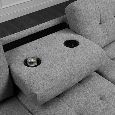 L Shaped Sectional Sofa with Dropdown Table and Reversible Chaise and Storage Ottoman, Gray Linen
