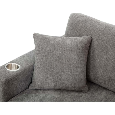 L-Shaped Sectional Sofa with Drawer and 2 Pillows and Stainless Steel Cup Holders, Gray Chenille