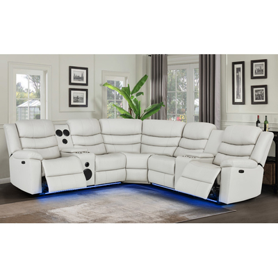 Power Recliner Corner Sofa with 2 Power Recliner Seats and Storage Box and Bluetooth Audio Speaker and LED Light, Beige Breathable Leatherette