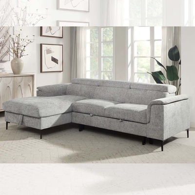 L-Shaped Sectional Sleeper Sofa with Pull-Out Bed and Adjustable Headrests and Storage Chaise, Gray Fabric