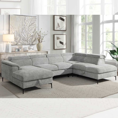 U-Shaped Sectional Sleeper Sofa with Pull Out Bed and Storage Chaise Lounge and Adjustable Headrests, Gray Fabric