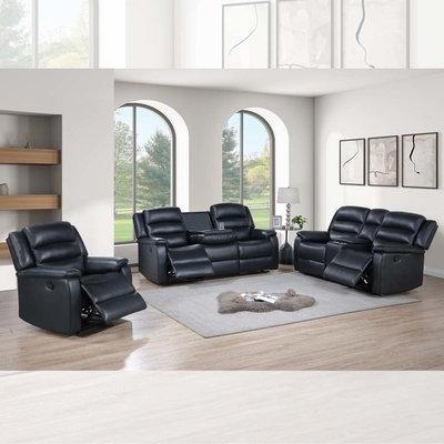 Recliner Sofa set with Dropdown Table and Storage Box, Black Breathable Leatherette