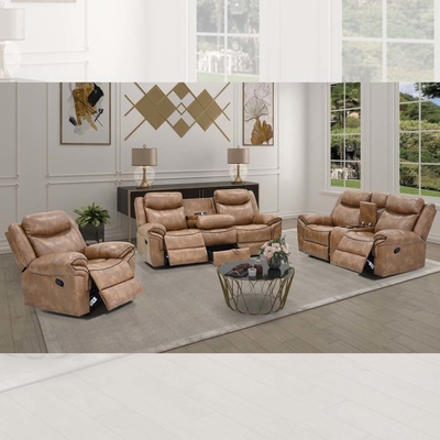 Recliner Sofa set with Dropdown Table and Drawer and Storage Box, Brown Fabric-like vinyl