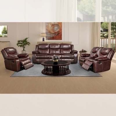 Recliner Sofa set with Dropdown Table and Storage Box, Brown Breathable Leatherette