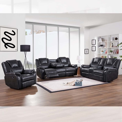 Recliner Sofa set with Dropdown Table and Storage Box, Black Breathable Leatherette