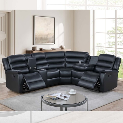 Recliner Corner Sofa with Dropdown Table and Storage Box, Black Breathable Leatherette