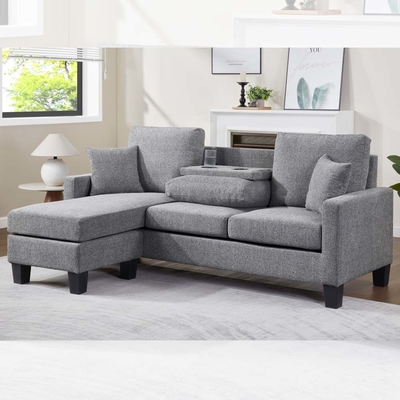 L Shaped Sectional Sofa with Dropdown Table and Reversible Chaise and 2 Pillows, Gray Chenille