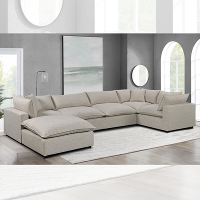Sectional Modular Sofa with Feather Blend Seat Cushion and Pillows, Gray Linen
