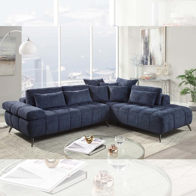 Sectional Sofa with Adjustable Back and Pillows, Navy Fabric