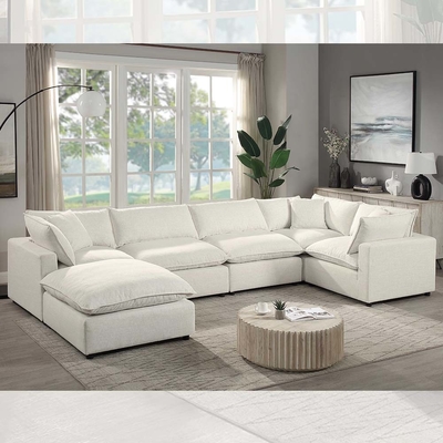 Sectional Modular Sofa with Feather Blend Seat Cushion and Pillows, Beige Linen