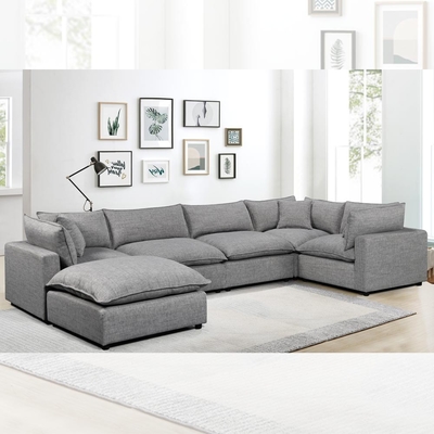 Sectional Modular Sofa with Feather Blend Seat Cushion and Pillows, Dark Gray Linen