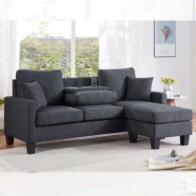 L Shaped Sectional Sofa with Dropdown Table and Reversible Chaise and 2 Pillows, Dark Gray Chenille