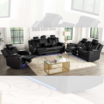Power Recliner Sofa set with Power Recliner Seats and Power Headrests and Dropdown Table and Bluetooth Audio Speaker and Storage Box and Storage Arms and LED Light, Black Breathable Leatherette