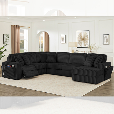 Recliner Sofa set with Hidden Cup Holder and Wireless Charger, Black Corduroy Fabric