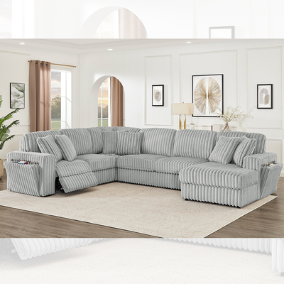 Recliner Sofa set with Hidden Cup Holder and Wireless Charger, Gray Corduroy Fabric