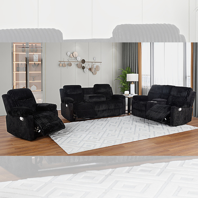 Recliner Sofa set with Dropdown Table and Storage Box, Black Fabric
