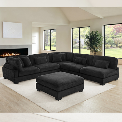 Sectional Modular Sofa, Black Corduroy Fabric