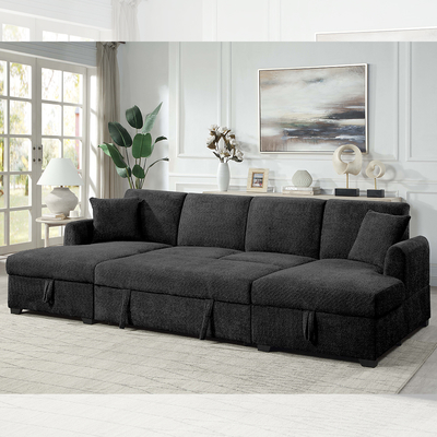 U-Shaped Sectional Sleeper Sofa with Pull Out Bed and Storage Chaise, Black Sherpa Fabric
