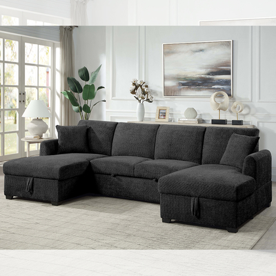 U-Shaped Sectional Sleeper Sofa with Pull Out Bed and Storage Chaise, Black Sherpa Fabric