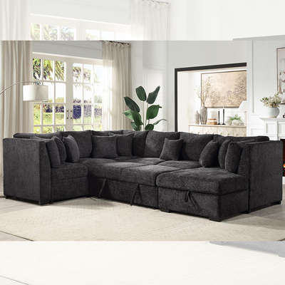 U-Shaped Sectional Sleeper Sofa with Pull Out Bed and Storage Chaise Lounge, Black Fabric