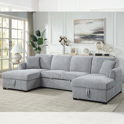 U-Shaped Sectional Sleeper Sofa with Pull Out Bed and Storage Chaise, Gray Sherpa Fabric