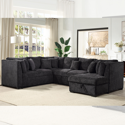 U-Shaped Sectional Sleeper Sofa with Pull Out Bed and Storage Chaise Lounge, Black Fabric
