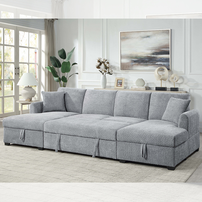 U-Shaped Sectional Sleeper Sofa with Pull Out Bed and Storage Chaise, Gray Sherpa Fabric