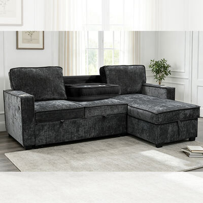 L-Shaped Reversible Sectional Sleeper Sofa with Pull-Out Bed and Dropdown Table and Storage, Charcoal Black Chenille