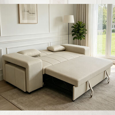 Queen Size Convertible Sleeper Sofa Bed with Adjustable Backrest, Arm with Ottomans, Beige Tech Leather