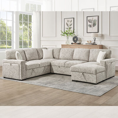 U-Shaped Sectional Sleeper Sofa with Pull Out Bed and Dropdown Table and Storage Chaise Lounge and Storage Loveseat and Cup holders, Beige Fabric