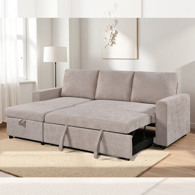 L-Shaped Reversible Sectional Sleeper Sofa with Pull-Out Bed and Storage, Beige Fabric