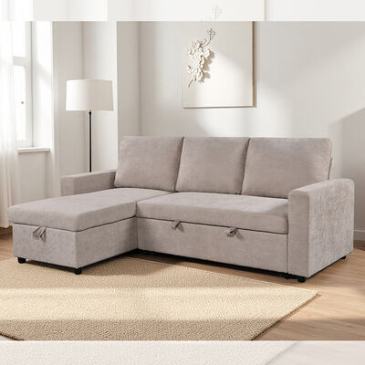L-Shaped Reversible Sectional Sleeper Sofa with Pull-Out Bed and Storage, Beige Fabric