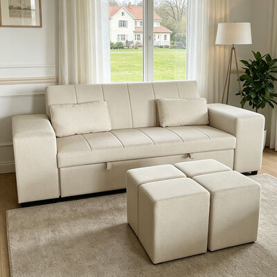 Queen Size Convertible Sleeper Sofa Bed, Comfortable Pull-Out Bed with Adjustable Backrest, Arm with Ottomans, Beige Tech Leather