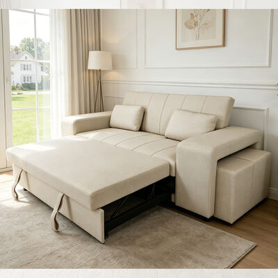 Queen Size Convertible Sleeper Sofa Bed, Comfortable Pull-Out Bed with Adjustable Backrest, Arm with Ottomans, Beige Tech Leather