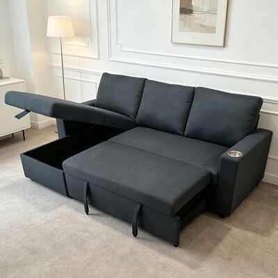 L-Shaped Reversible Sectional Sleeper Sofa with Pull-Out Bed and Storage, Dark Gray Fabric