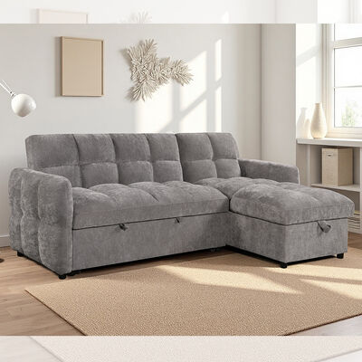 L-Shaped Sectional Sleeper Sofa with Pull-Out Bed and Adjustable Backrest and Storage Chaise, Gray Fabric