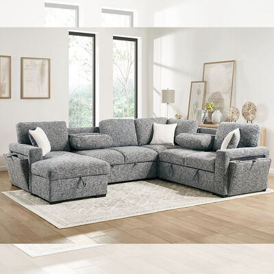 U-Shaped Sectional Sleeper Sofa with Pull Out Bed and Dropdown Table and Storage Chaise Lounge and Storage Loveseat and Cup holders, Navy Fabric