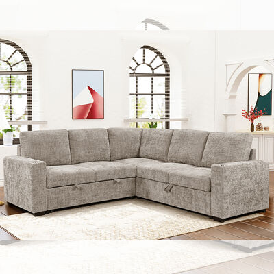 L-Shaped Sectional Sleeper Sofa with Pull Out Bed and Storage Sofa and Cup holders, Taupe Fabric