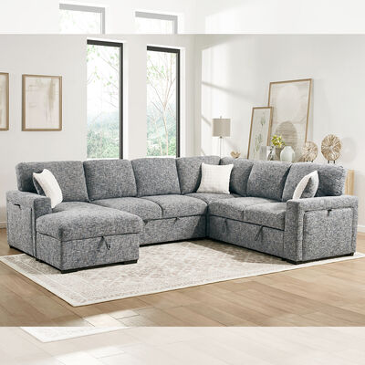 U-Shaped Sectional Sleeper Sofa with Pull Out Bed and Dropdown Table and Storage Chaise Lounge and Storage Loveseat and Cup holders, Navy Fabric