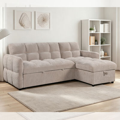 L-Shaped Sectional Sleeper Sofa with Pull-Out Bed and Adjustable Backrest and Storage Chaise, Beige Fabric