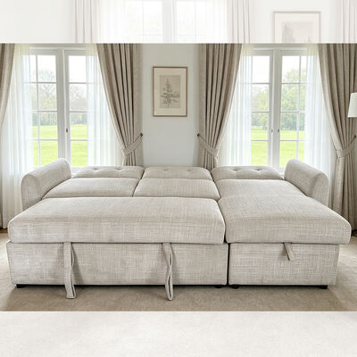 L-Shaped Sectional Sleeper Sofa with Pull-Out Bed and Adjustable Backrest and Storage Chaise, Light Gray Fabric