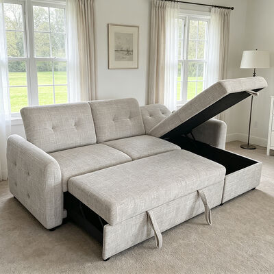 L-Shaped Sectional Sleeper Sofa with Pull-Out Bed and Adjustable Backrest and Storage Chaise, Light Gray Fabric