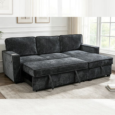 L-Shaped Reversible Sectional Sleeper Sofa with Pull-Out Bed and Dropdown Table and Storage, Charcoal Black Chenille