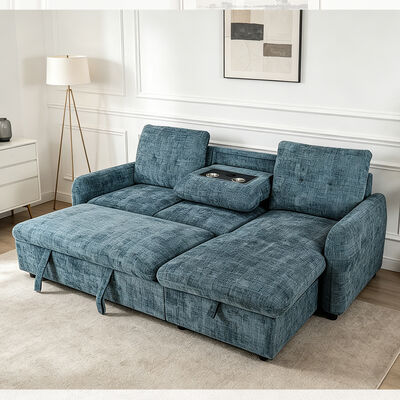 L-Shaped Reversible Sectional Sleeper Sofa with Pull-Out Bed and Dropdown Table and Storage, Hazy Blue Fabric