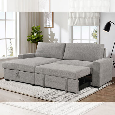 L-Shaped Reversible Sectional Sleeper Sofa with Pull-Out Bed and Storage, Gray Fabric