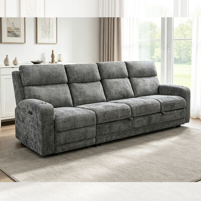 Big Sectional Sleeper Sofa with Pull-Out Bed and Power Recliner Chair, Metal Gray Fabric