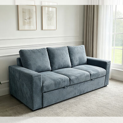 Futon Sofa Bed, Convertible Sleeper Sofa Bed, Comfortable Pull-Out Bed with Adjustable Backrest,  Arms with Hidden Stainless Steel Cup Holders, Blue Fabric