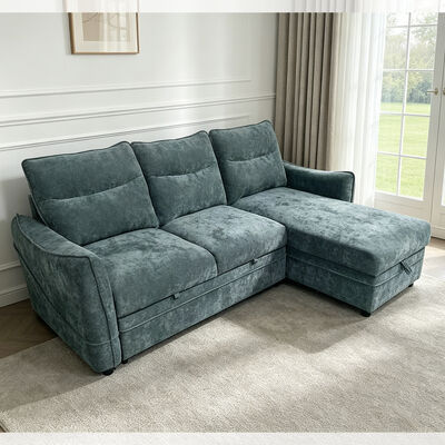 L-Shaped Reversible Sectional Sleeper Sofa with Pull-Out Bed and Storage, Teal Fabric