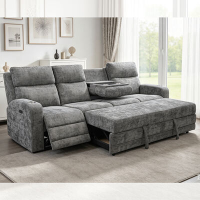 Big Sectional Sleeper Sofa with Pull-Out Bed and Power Recliner Chair, Metal Gray Fabric