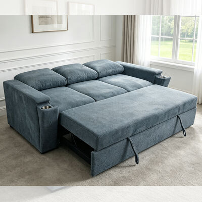 Futon Sofa Bed, Convertible Sleeper Sofa Bed, Comfortable Pull-Out Bed with Adjustable Backrest,  Arms with Hidden Stainless Steel Cup Holders, Blue Fabric